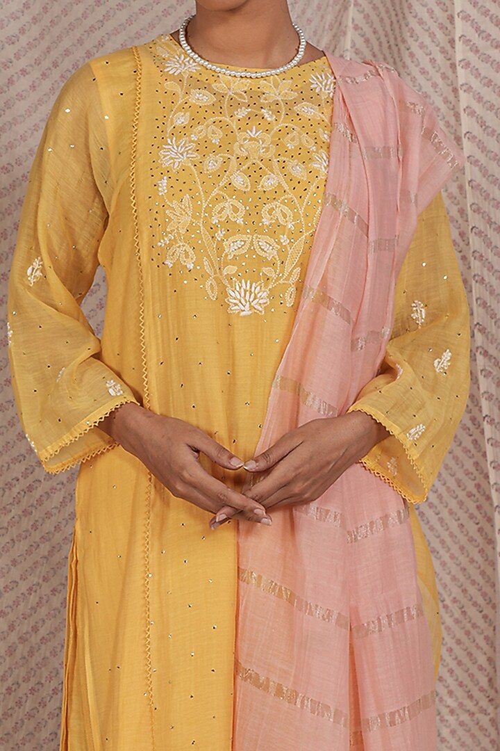 Yellow Chanderi Mul Embroidered Kurta Set by Pants and Pajamas at Pernia's Pop Up Shop