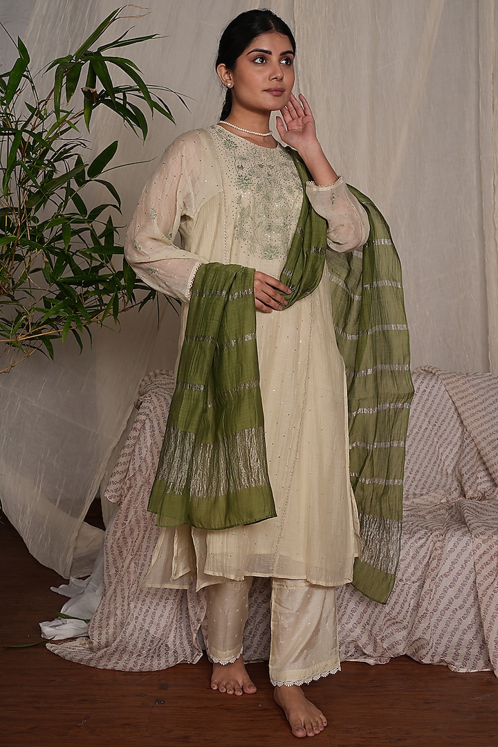 Sage Green Chanderi Mul Embroidered Kurta Set by Pants and Pajamas