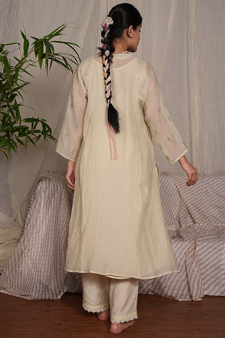 Sage Green Chanderi Mul Embroidered Kurta Set by Pants and Pajamas at Pernia's Pop Up Shop