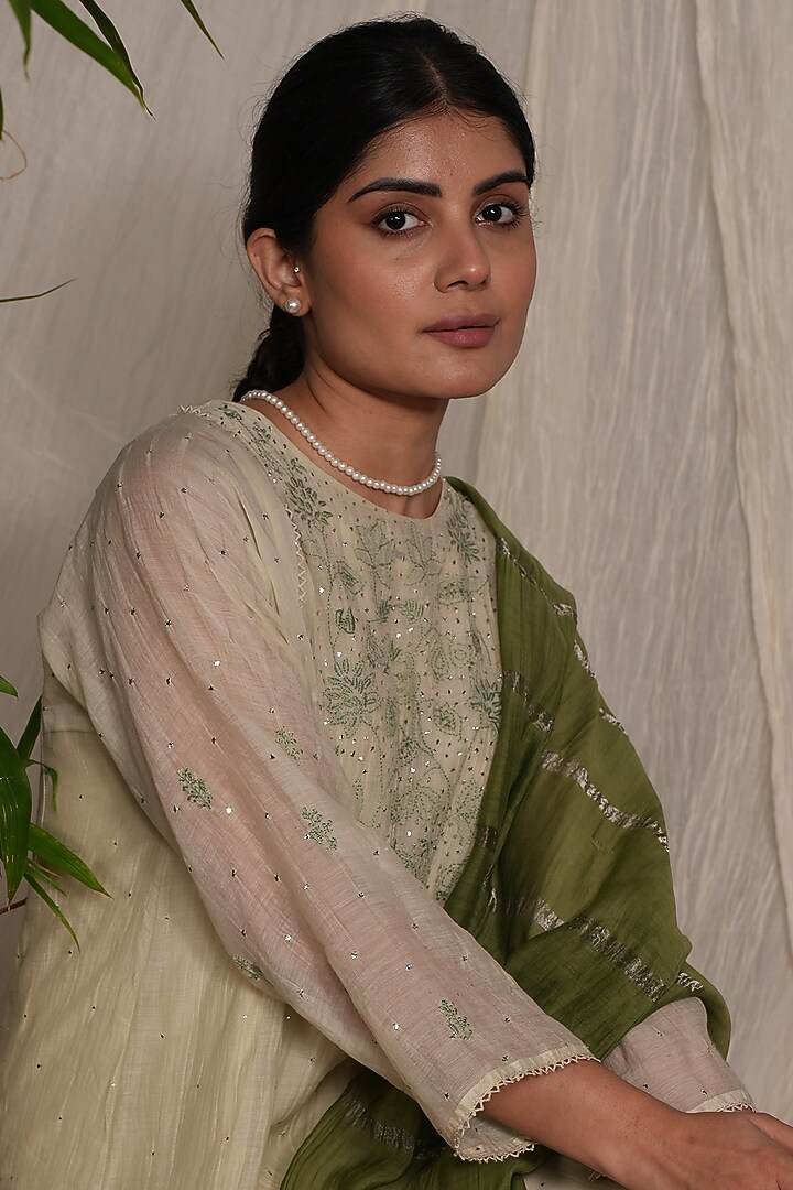 Sage Green Chanderi Mul Embroidered Kurta Set by Pants and Pajamas at Pernia's Pop Up Shop