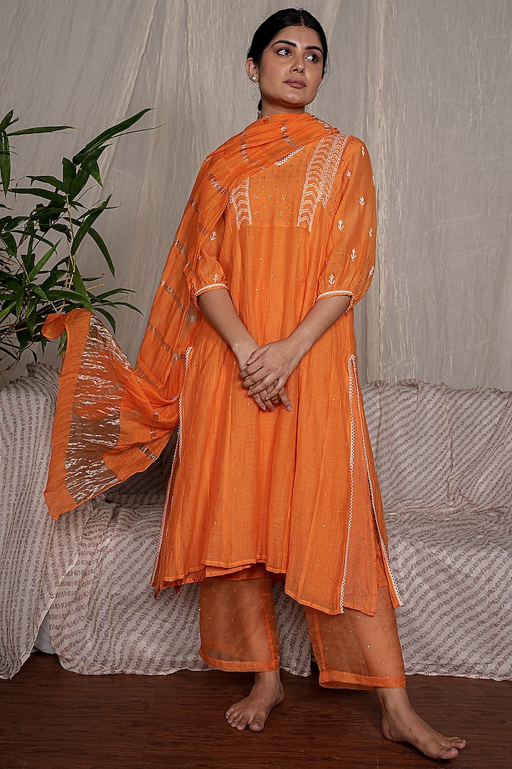 Orange Chanderi Mul Embroidered Kurta Set by Pants and Pajamas