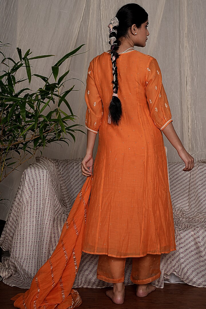 Orange Chanderi Mul Embroidered Kurta Set by Pants and Pajamas at Pernia's Pop Up Shop