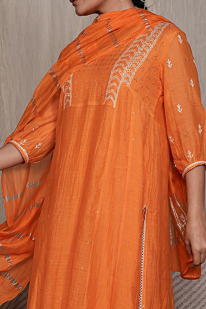 Orange Chanderi Mul Embroidered Kurta Set by Pants and Pajamas at Pernia's Pop Up Shop