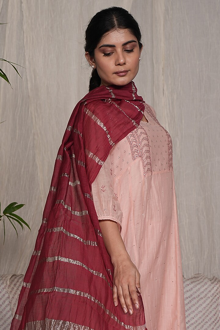 Blush Pink Chanderi Mul Embroidered Kurta Set by Pants and Pajamas at Pernia's Pop Up Shop