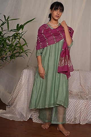 Moss Green Chanderi Mul Embroidered Kurta Set by Pants and Pajamas
