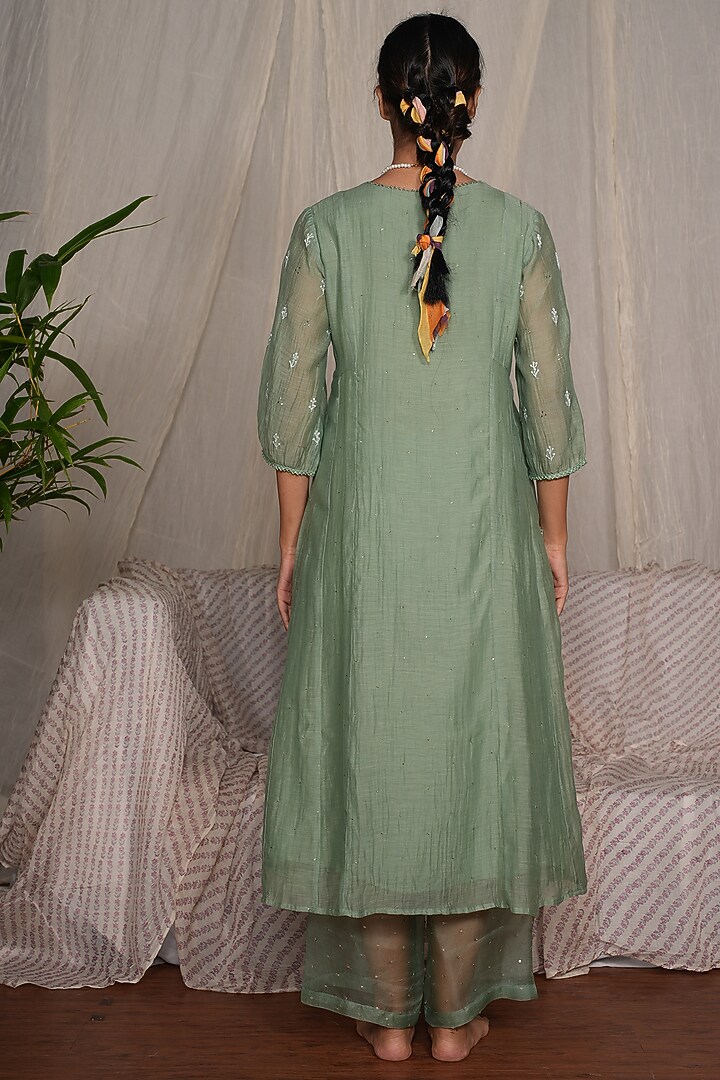 Moss Green Chanderi Mul Embroidered Kurta Set by Pants and Pajamas at Pernia's Pop Up Shop