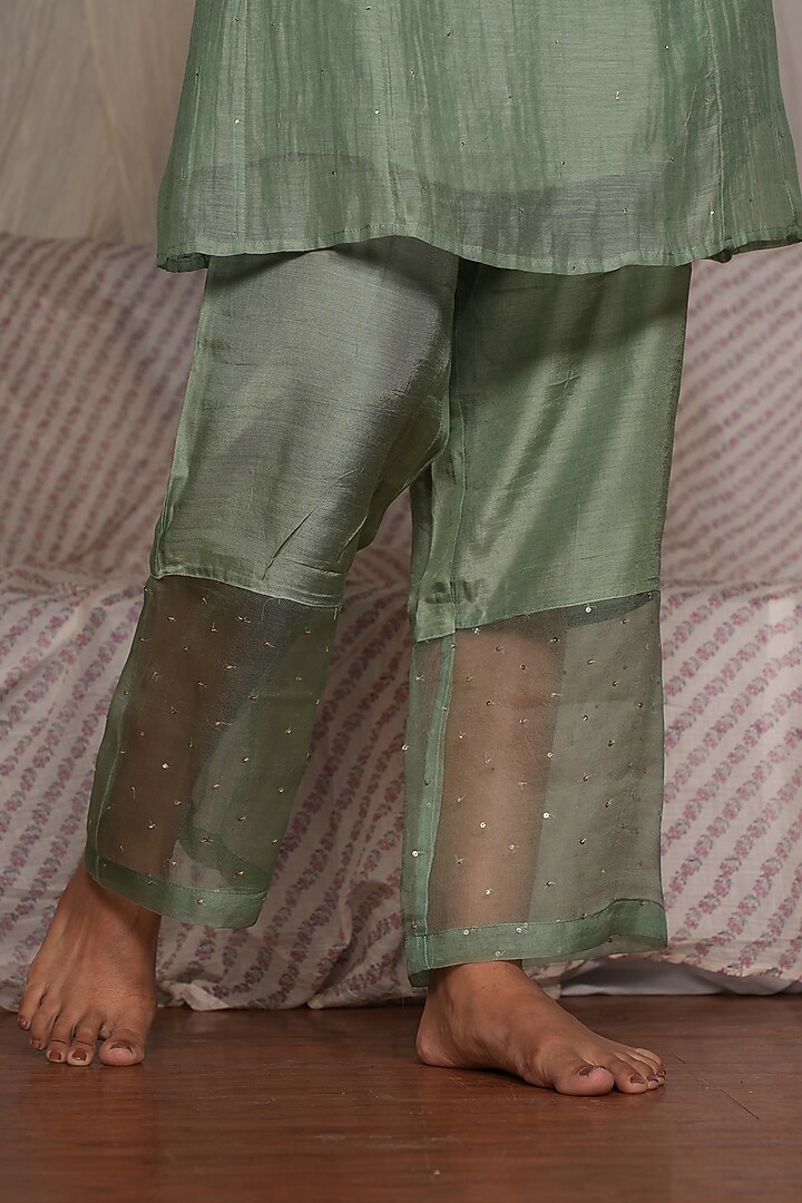 Moss Green Chanderi Mul Embroidered Kurta Set by Pants and Pajamas at Pernia's Pop Up Shop
