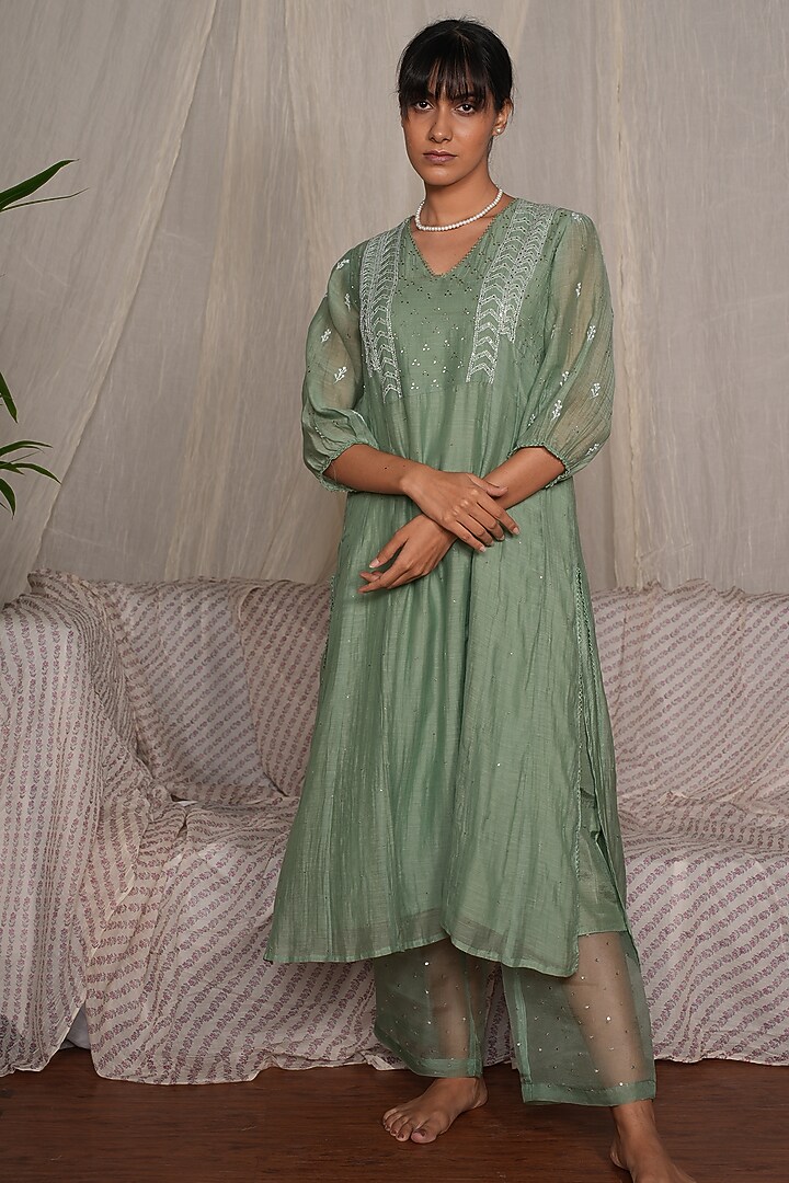 Moss Green Chanderi Mul Embroidered Kurta Set by Pants and Pajamas at Pernia's Pop Up Shop
