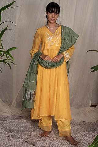 Yellow Chanderi Mul Embroidered Kurta Set by Pants and Pajamas