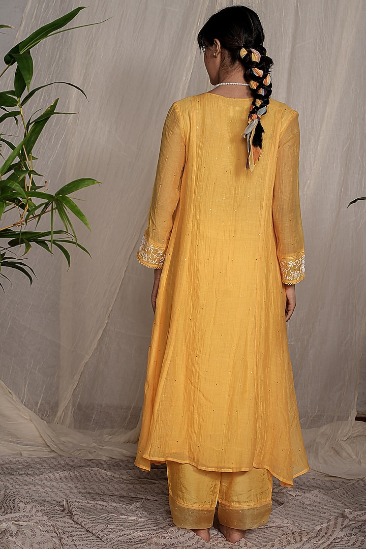 Yellow Chanderi Mul Embroidered Kurta Set by Pants and Pajamas at Pernia's Pop Up Shop