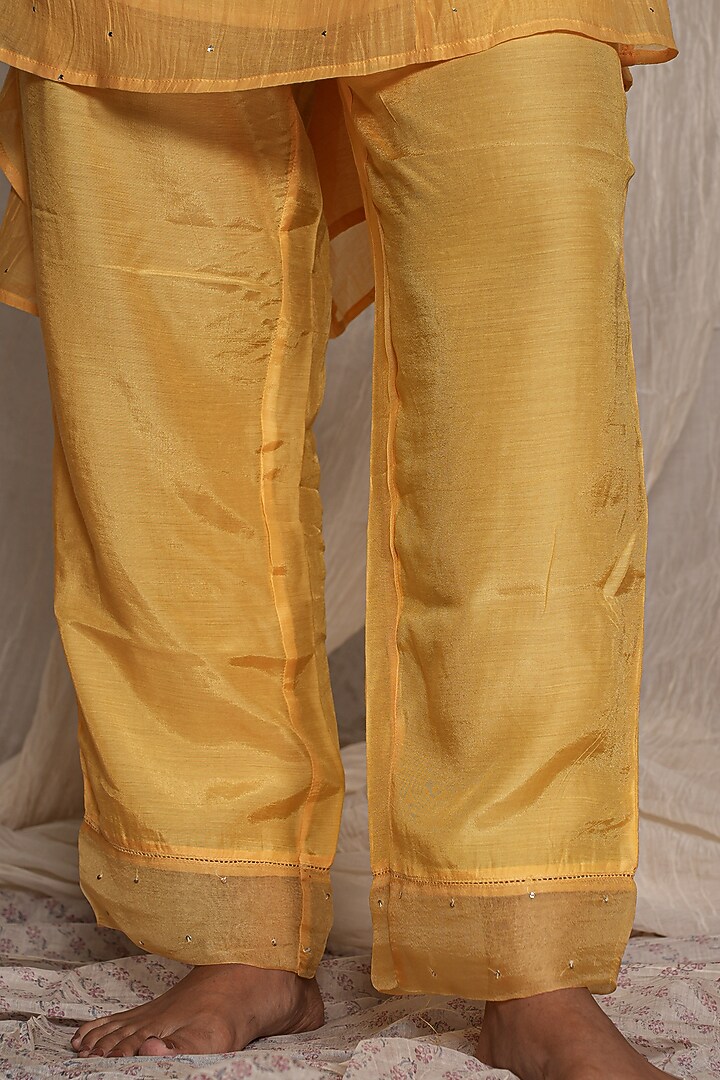 Yellow Chanderi Mul Embroidered Kurta Set by Pants and Pajamas at Pernia's Pop Up Shop