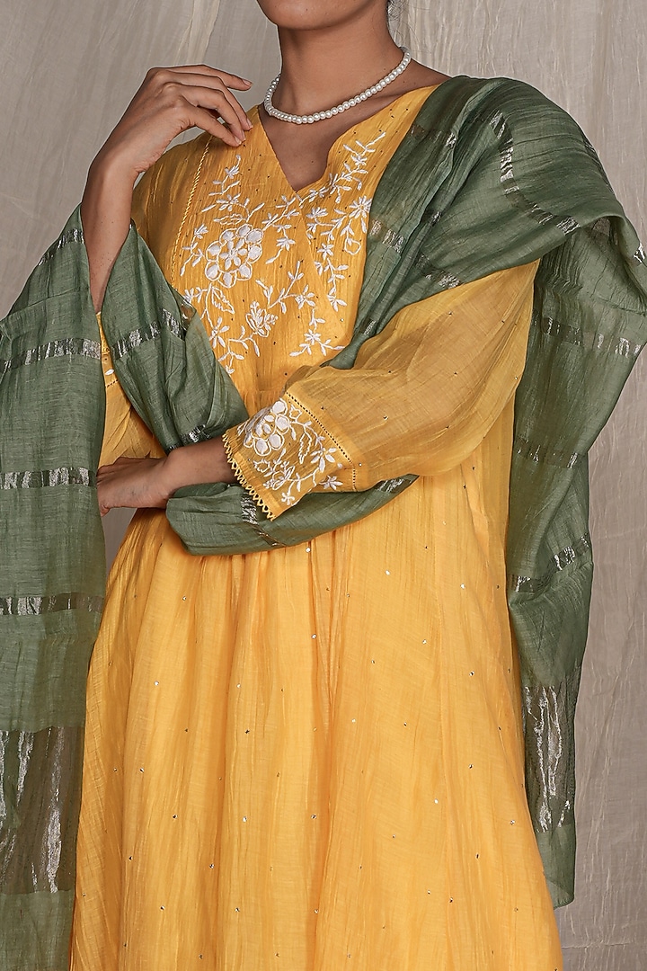 Yellow Chanderi Mul Embroidered Kurta Set by Pants and Pajamas at Pernia's Pop Up Shop