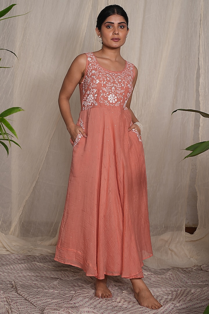 Peach Chanderi Mul Embroidered Dress by Pants and Pajamas at Pernia's Pop Up Shop