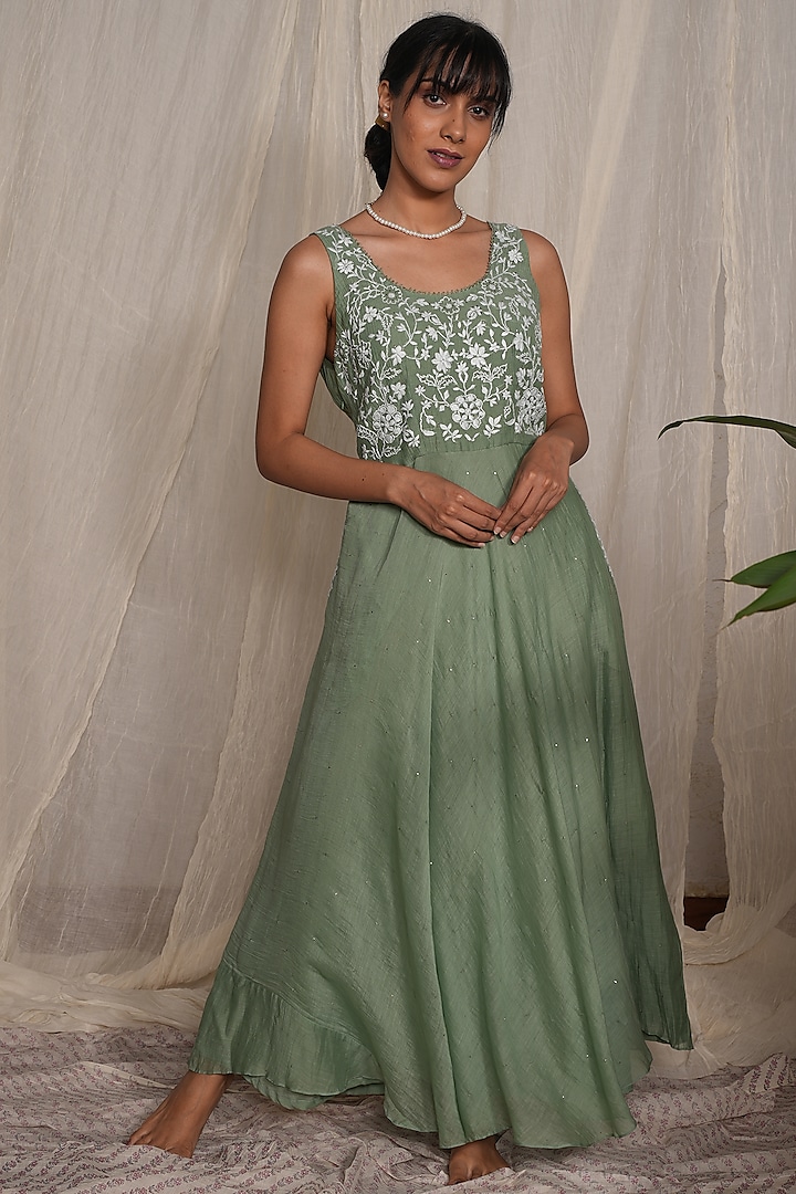 Moss Green Chanderi Mul Embroidered Dress by Pants and Pajamas