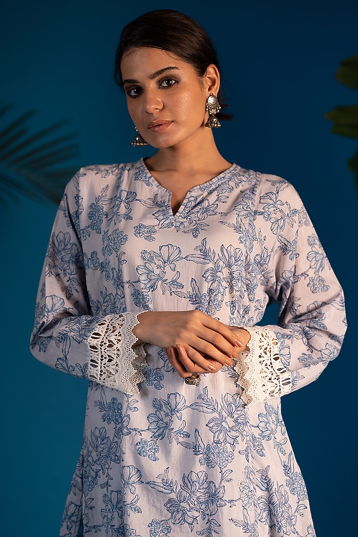 Light Blue & White Block Printed Kurta Set by Pants and Pajamas at Pernia's Pop Up Shop