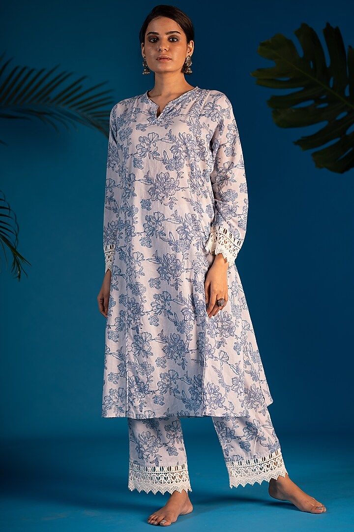 Light Blue & White Block Printed Kurta Set by Pants and Pajamas at Pernia's Pop Up Shop