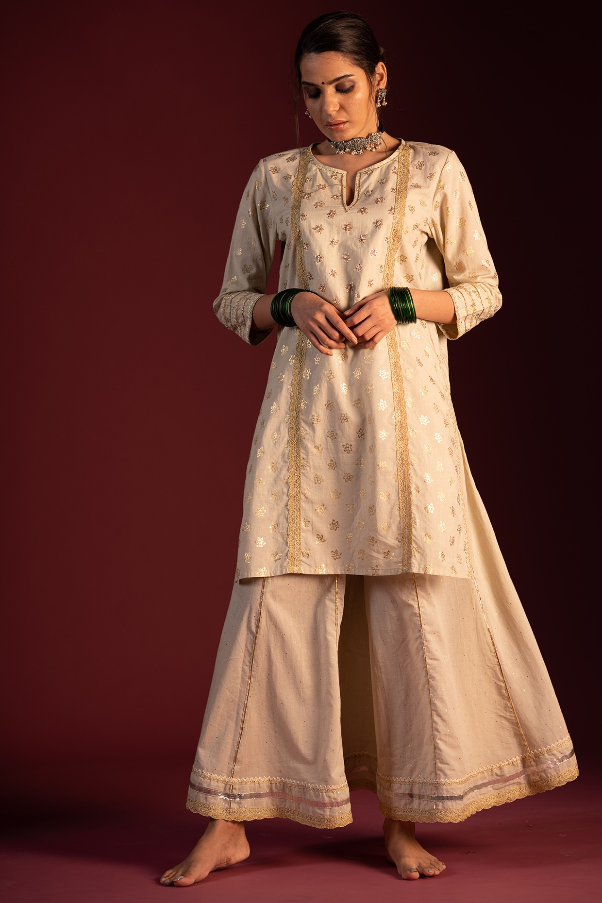Sage Green Foil Printed Sharara Pants 