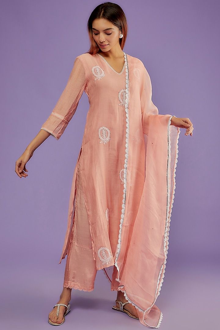 Pink Chanderi Mul Chikankari Embroidered Kurta Set by Pants and Pajamas
