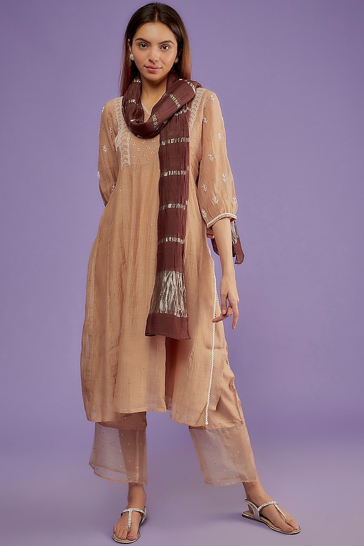 Beige Chanderi Mul Chikankari Embroidered Kurta Set by Pants and Pajamas