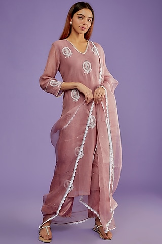 Purple Chanderi Mul Chikankari Embroidered Kurta Set by Pants and Pajamas