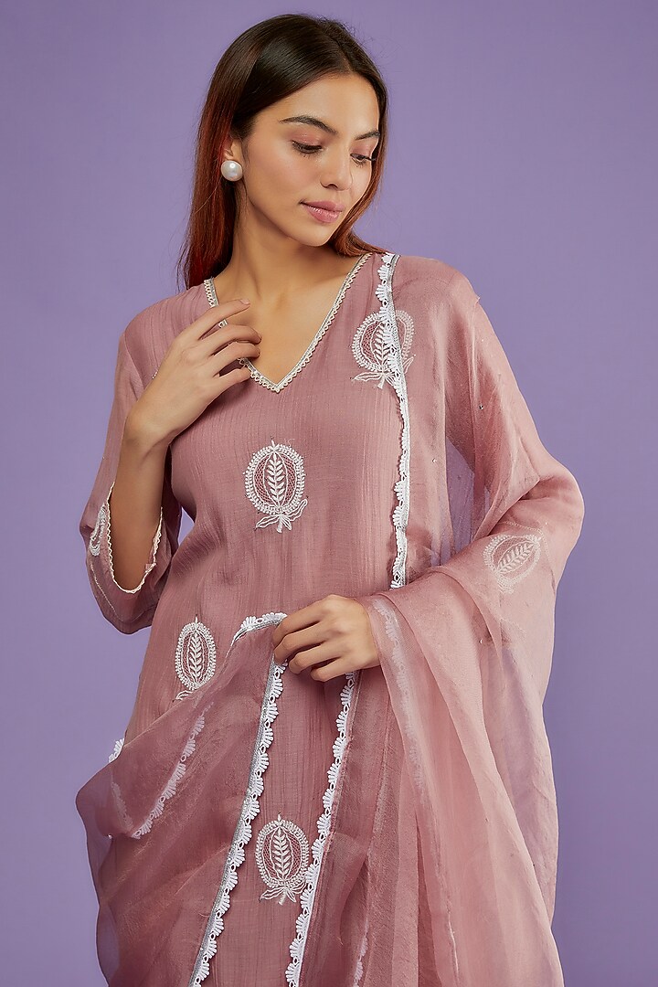Purple Chanderi Mul Chikankari Embroidered Kurta Set by Pants and Pajamas at Pernia's Pop Up Shop