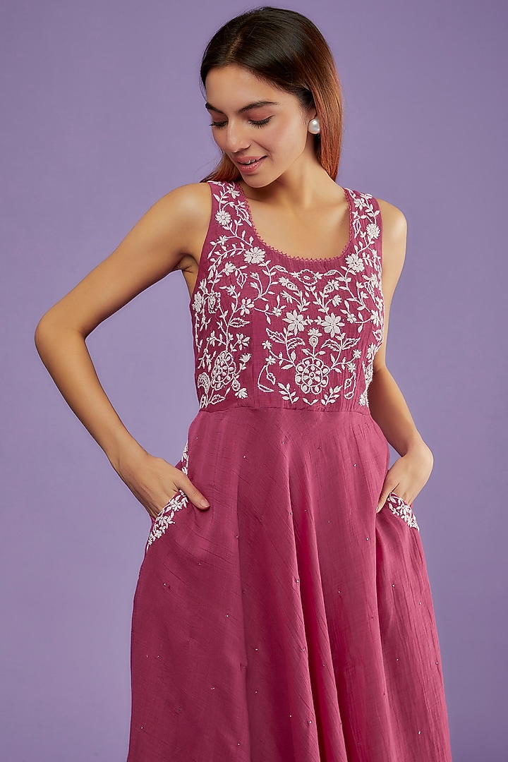 Berry Chanderi Mul Chikankari Embroidered Summer Dress by Pants and Pajamas at Pernia's Pop Up Shop