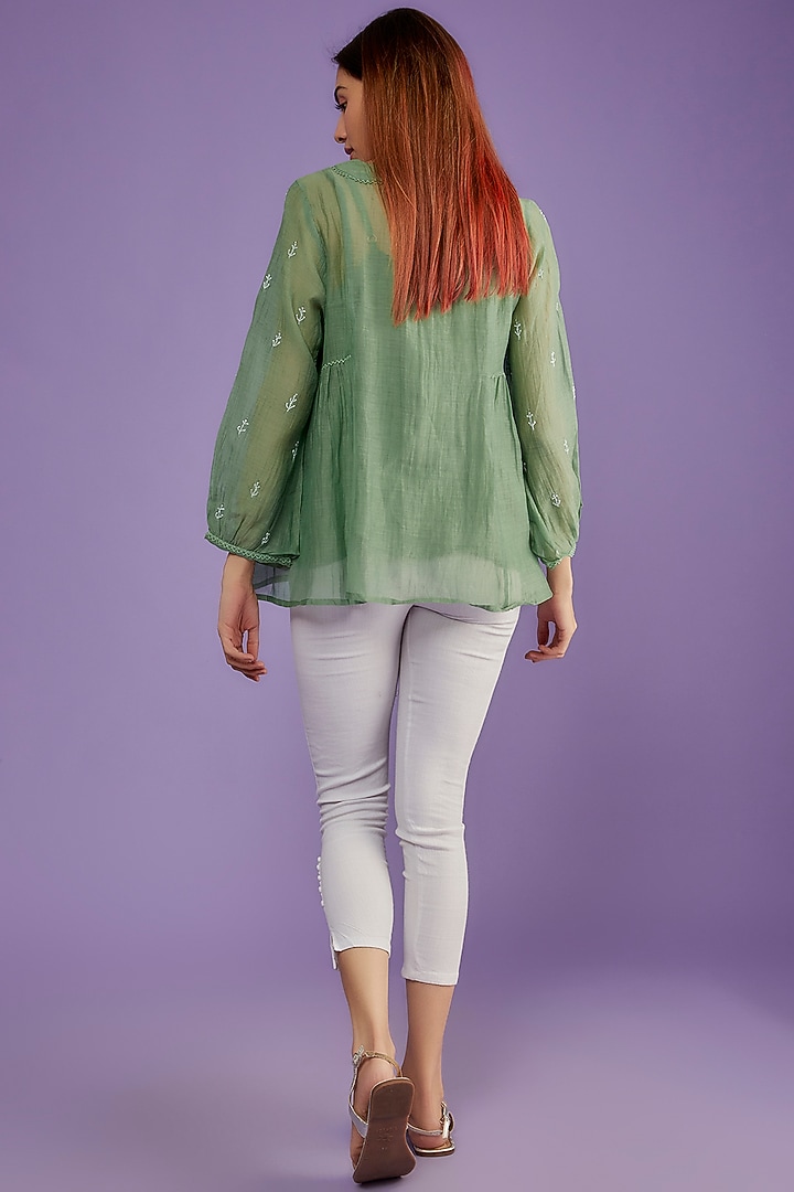 Moss Green Chanderi Mul Chikankari Embroidered Top by Pants and Pajamas at Pernia's Pop Up Shop