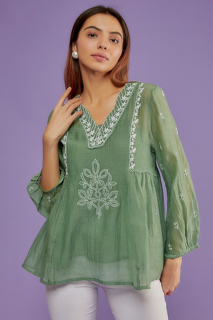 Moss Green Chanderi Mul Chikankari Embroidered Top by Pants and Pajamas at Pernia's Pop Up Shop