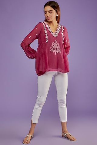 Berry Chanderi Mul Chikankari Embroidered Top by Pants and Pajamas