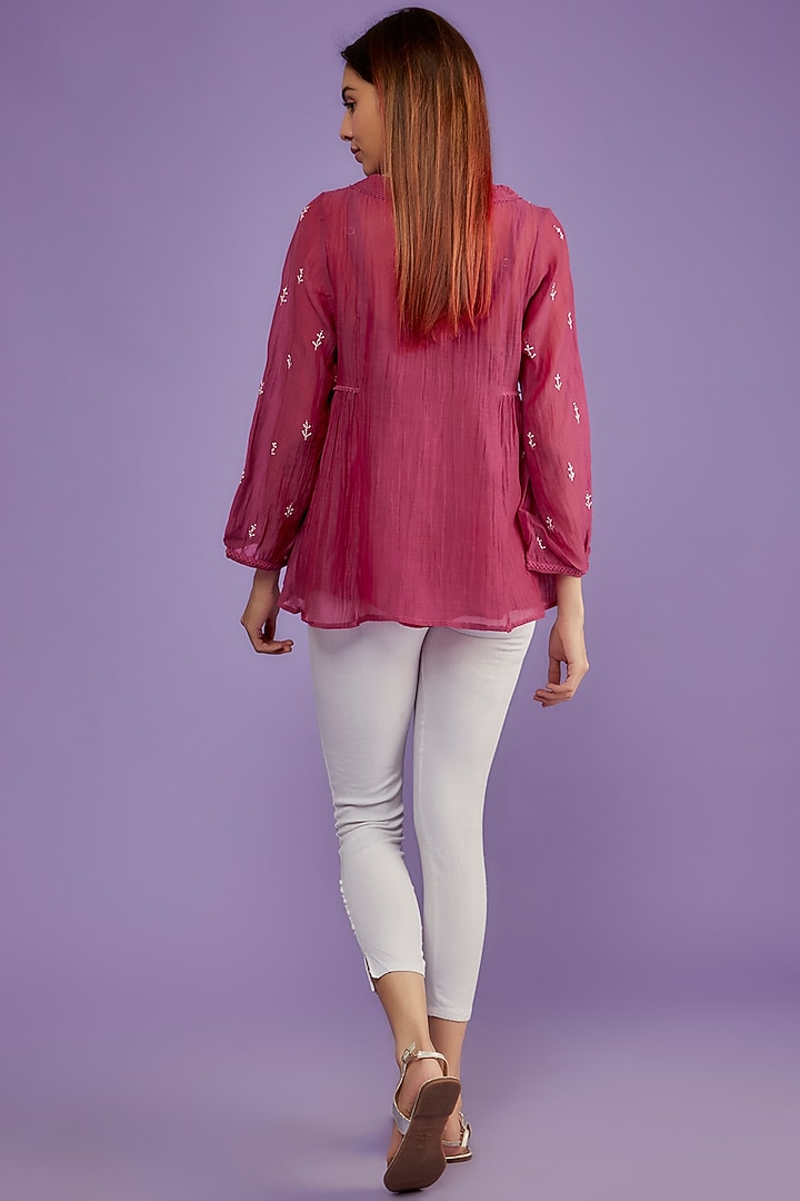 Berry Chanderi Mul Chikankari Embroidered Top by Pants and Pajamas at Pernia's Pop Up Shop