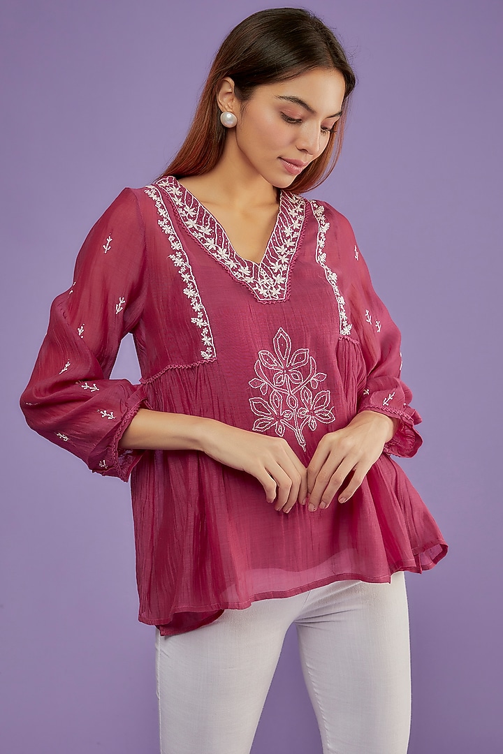 Berry Chanderi Mul Chikankari Embroidered Top by Pants and Pajamas at Pernia's Pop Up Shop