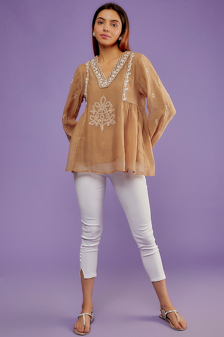 Beige Chanderi Mul Chikankari Embroidered Top by Pants and Pajamas