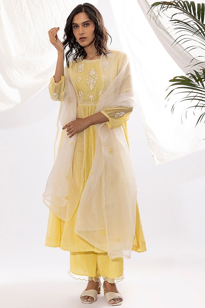 Light Yellow Chanderi Mul Polka Dot Printed & Embroidered Kurta Set by Pants and Pajamas