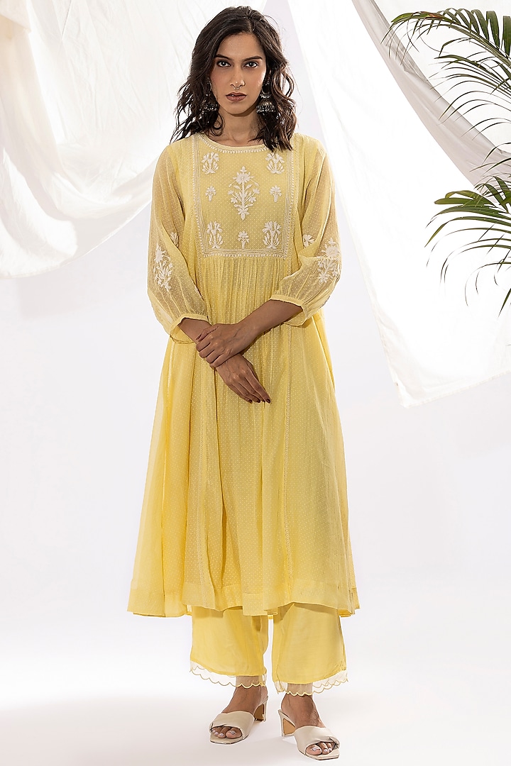 Light Yellow Chanderi Mul Polka Dot Printed & Embroidered Kurta Set by Pants and Pajamas