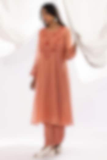 Peach Chanderi Mul Polka Dot Printed & Embroidered Kurta by Pants and Pajamas at Pernia's Pop Up Shop