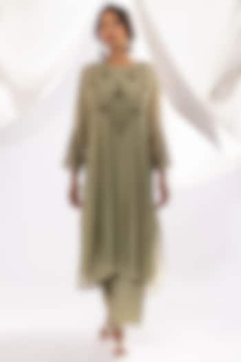 Sage Chanderi Mul Polka Dot Printed & Embroidered Kurta Set by Pants and Pajamas at Pernia's Pop Up Shop