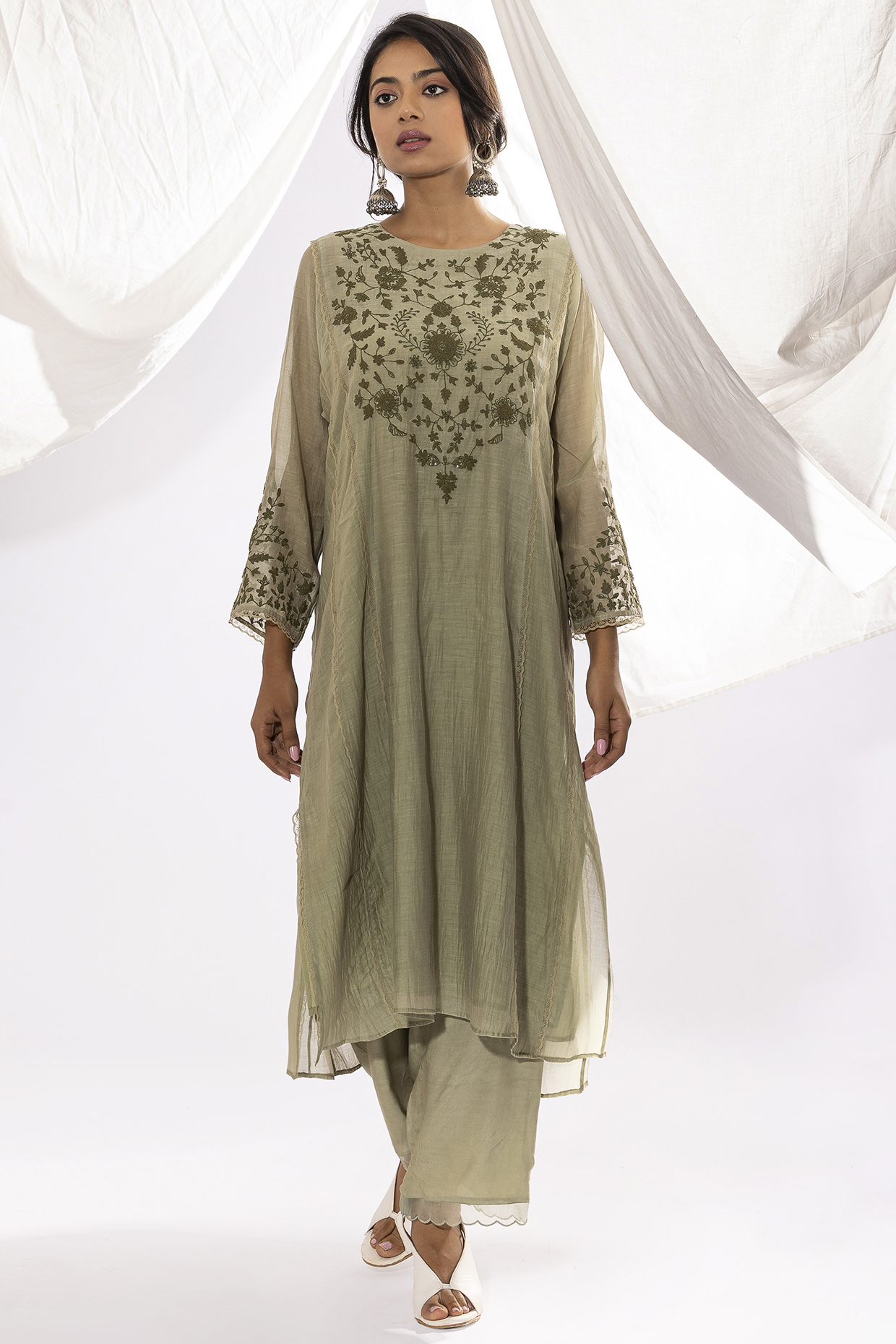 Sage Chanderi Mul Polka Dot Printed & Embroidered Kurta Set by Pants and Pajamas at Pernia's Pop Up Shop