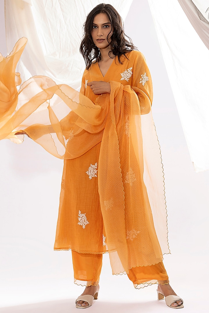 Orange Chanderi Mul Polka Dot Printed & Embroidered Kurta Set by Pants and Pajamas at Pernia's Pop Up Shop