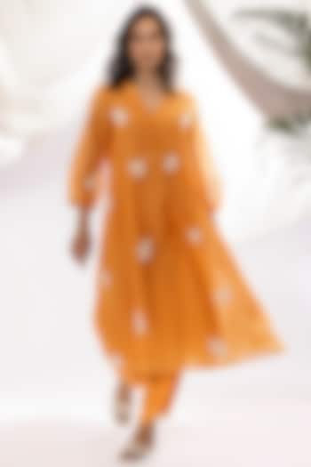 Orange Chanderi Mul Polka Dot Printed & Embroidered Kurta Set by Pants and Pajamas