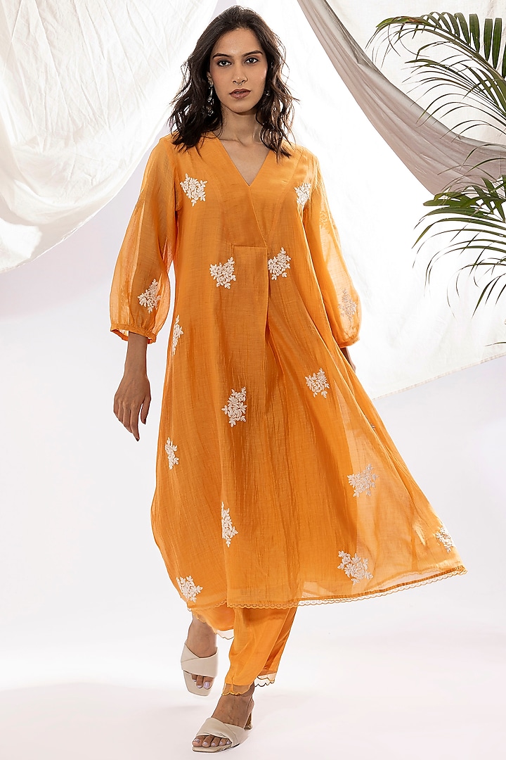 Orange Chanderi Mul Polka Dot Printed & Embroidered Kurta Set by Pants and Pajamas
