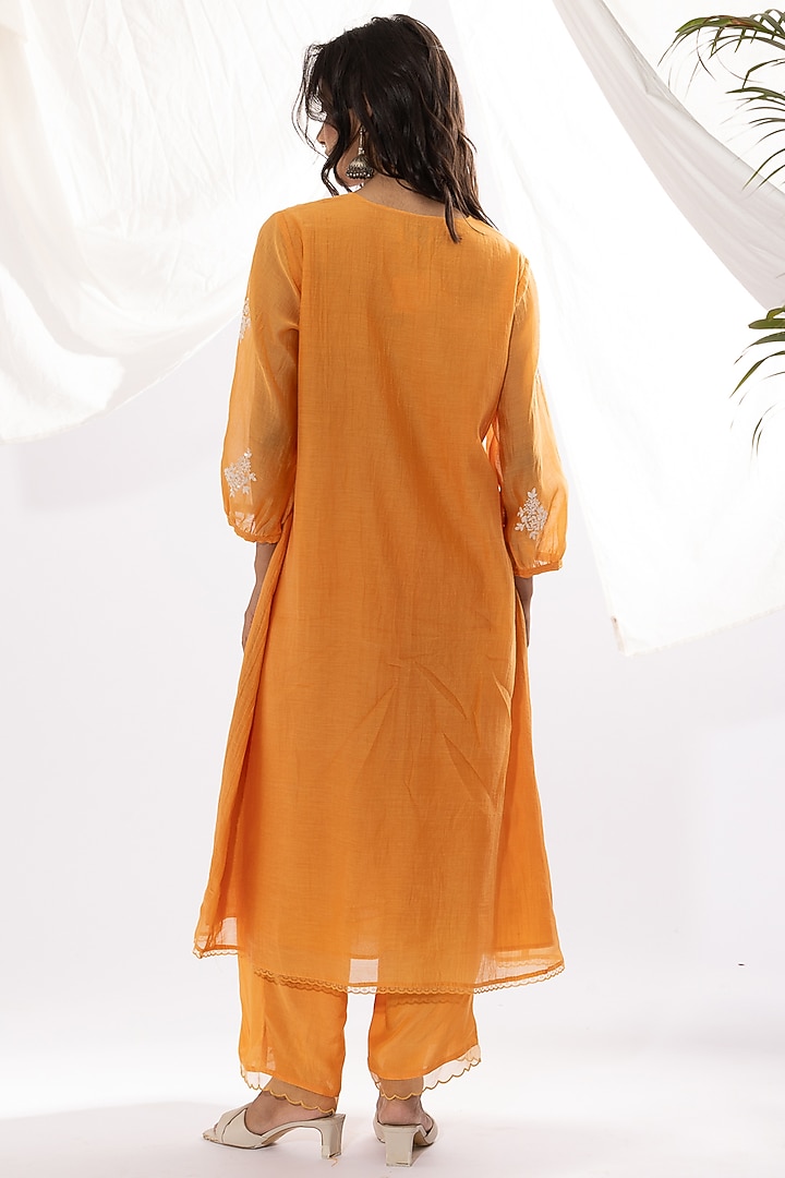 Orange Chanderi Mul Polka Dot Printed & Embroidered Kurta by Pants and Pajamas at Pernia's Pop Up Shop