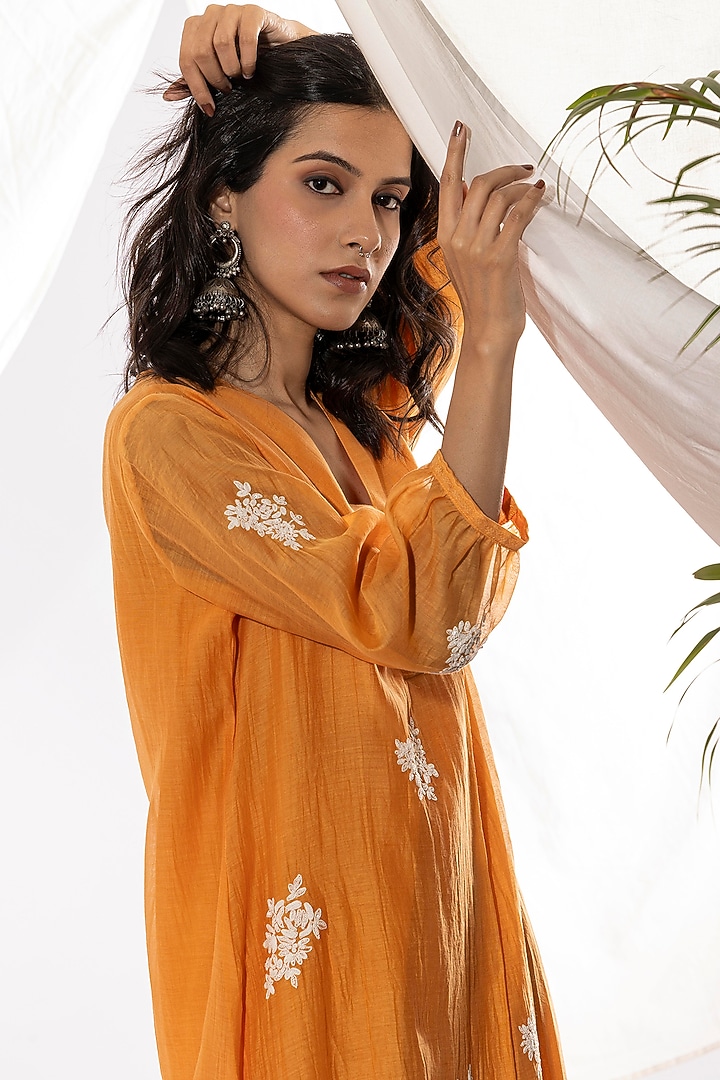 Orange Chanderi Mul Polka Dot Printed & Embroidered Kurta by Pants and Pajamas at Pernia's Pop Up Shop