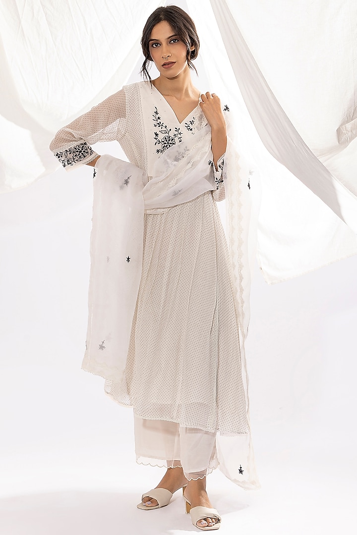White Chanderi Mul Chikankari Embroidered & Polka Dot Printed Kurta Set by Pants and Pajamas