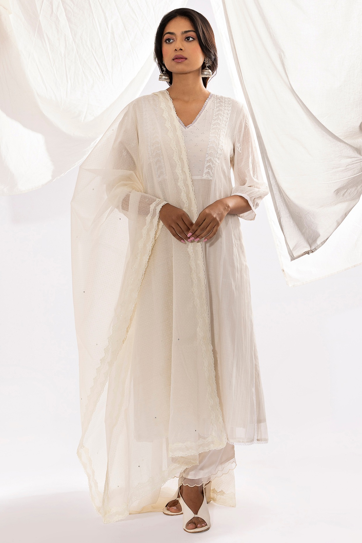 White Chanderi Mul Chikankari Embroidered Kalidar Kurta Set by Pants and Pajamas at Pernia s Pop Up Shop 2024