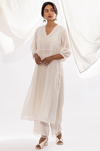 White Chanderi Mul Chikankari Embroidered Kalidar Kurta Set by Pants and Pajamas
