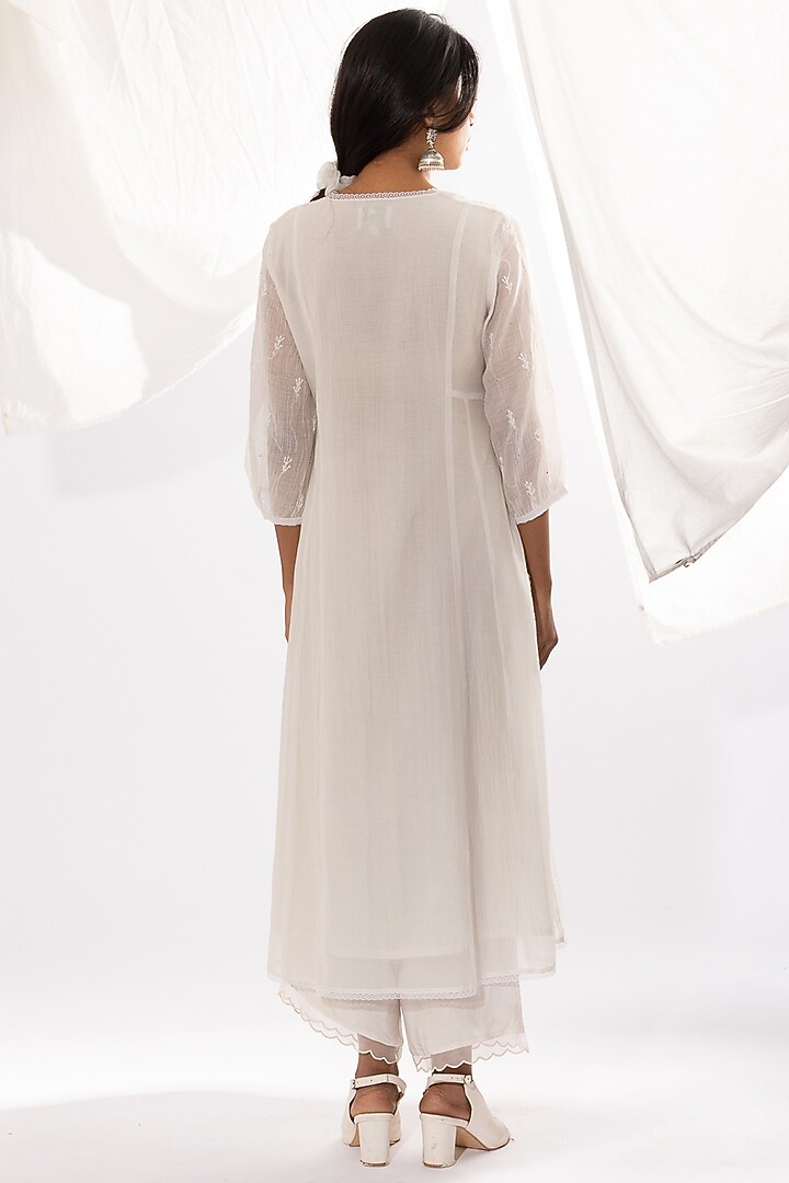 White Chanderi Mul Chikankari Embroidered Kalidar Kurta Set by Pants and Pajamas at Pernia's Pop Up Shop
