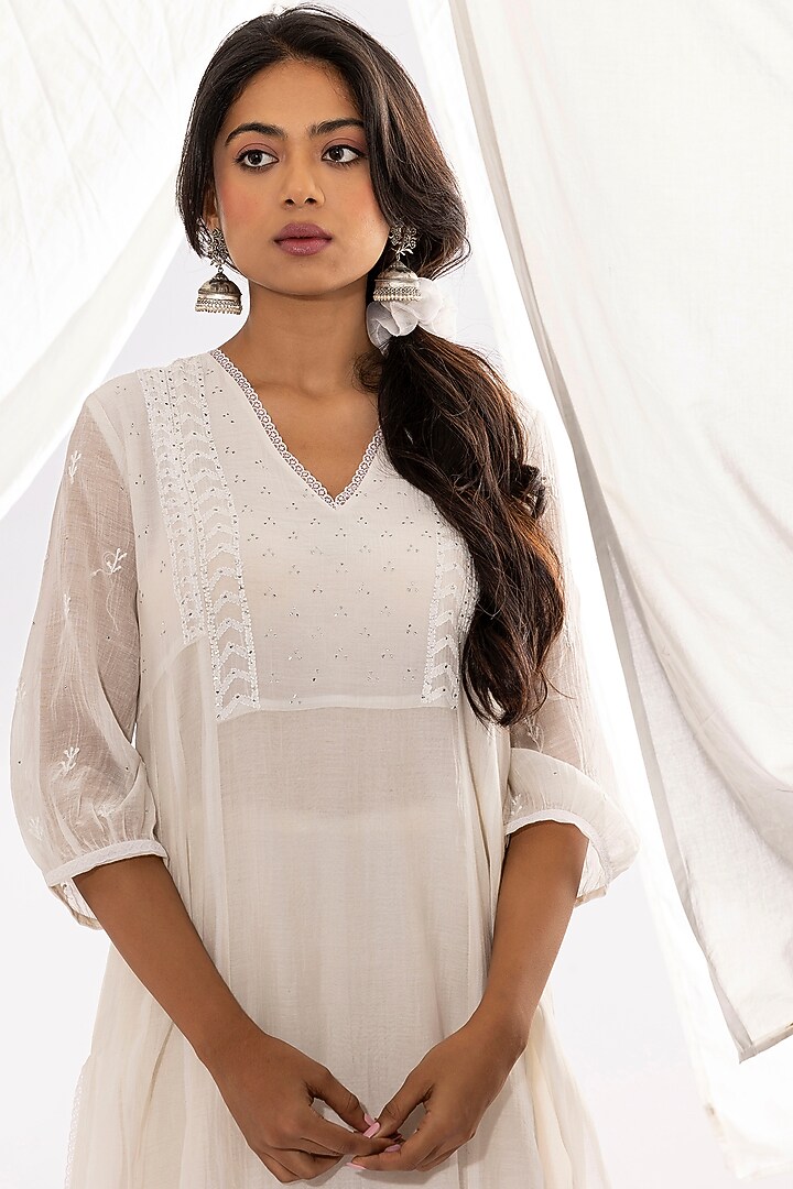 White Chanderi Mul Chikankari Embroidered Kalidar Kurta Set by Pants and Pajamas at Pernia's Pop Up Shop
