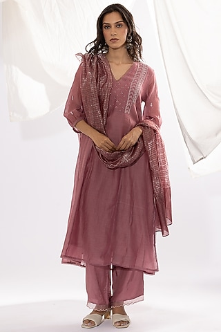Lilac Chanderi Mul Chikankari Embroidered Kalidar Kurta Set by Pants and Pajamas