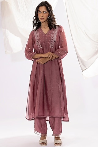 Lilac Chanderi Mul Chikankari Embroidered Kalidar Kurta Set by Pants and Pajamas