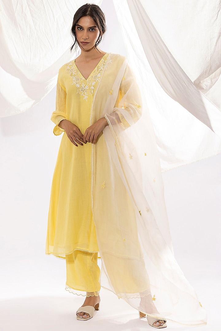 Light Yellow Chanderi Mul Chikankari Embroidered Kurta Set by Pants and Pajamas
